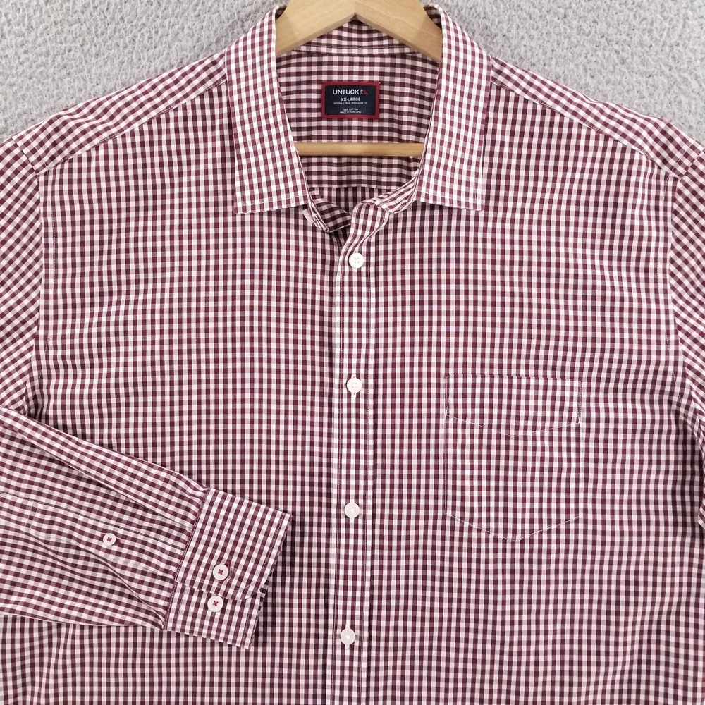 UNTUCKit Shirt Mens XXL Maroon Check Wrinkle Free Regular Fit Lawrence Button Up
